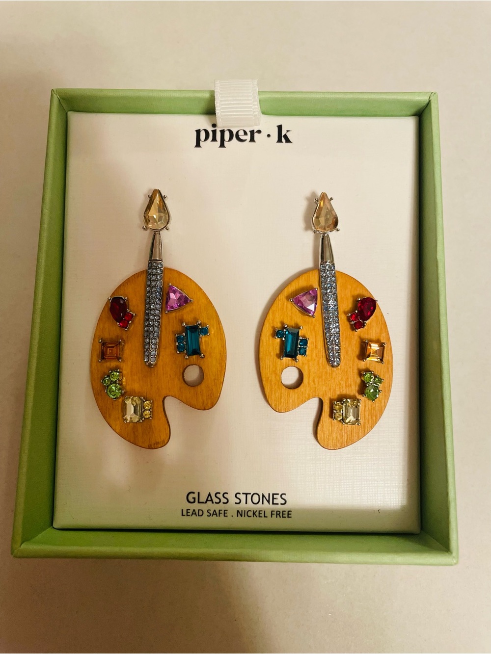 Brand New Unused Piper Wooden Artist Palette Drop Earrings Multicolor Stones